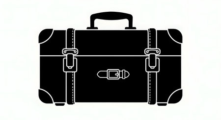 A stylized black and white illustration of a classic vintage suitcase with straps, buckles, and a top handle.の素材