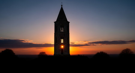 A dark silhouette of a tall, slender clock tower stands against a vibrant sunset with orange and purple hues and scattered clouds.の素材
