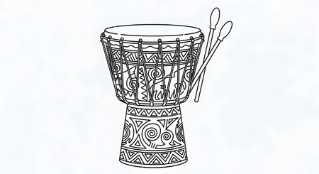 A hand-drawn illustration of an African djembe drum featuring intricate carvings and two drumsticks leaning against it.の素材