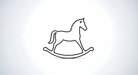 A minimalist black and white outline drawing of a traditional rocking horse, depicted on a plain background. This iconic toy evokes childhood nostalgia.の素材