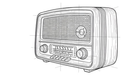 A black and white sketch of a retro portable electric heater with a detailed grille and control knobs, rendered in a line art style.の素材