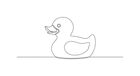 A minimalist black and white line art illustration of a classic rubber duck sitting on a horizontal line.の素材