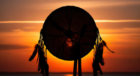 A dark silhouette of a dreamcatcher with hanging feathers is set against a warm, glowing sunset over a body of water.の素材
