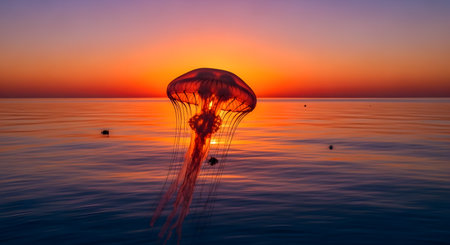 A solitary jellyfish glows with fiery orange and pink hues as it floats in the calm ocean during a breathtaking sunset.の素材