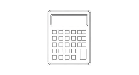 A minimalist, black and white line art illustration of a standard calculator with a display screen and numeric keypad.の素材
