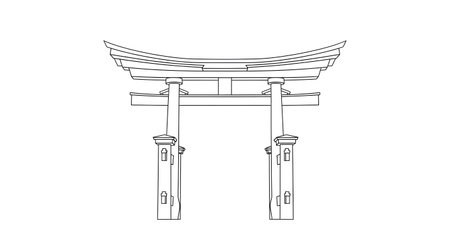 A minimalist black and white line drawing of a classic Japanese Torii gate, showcasing its iconic architectural structure.の素材