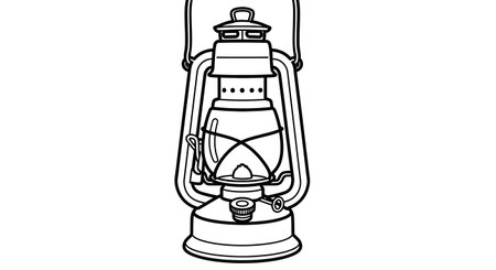 A detailed black and white line drawing of an old-fashioned oil lantern with a lit flame, suspended by a handle.の素材