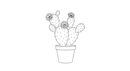 A simple, clean line art illustration of a prickly pear cactus in a pot, perfect for minimalist decor.の素材