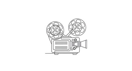 A black and white line drawing of an old-fashioned film projector with two spools of film, ready to show a movie.の素材