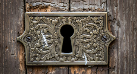 A detailed, antique keyhole escutcheon with intricate scrollwork and figures, set against a rustic, weathered wooden door.の素材