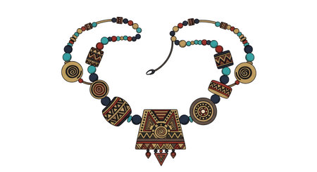 A unique, handcrafted necklace featuring carved wooden pendants, turquoise, and red beads, with a central ornate pendant.の素材