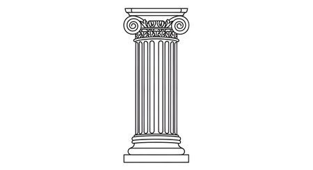 A black and white line drawing of a classical Ionic column, showcasing its distinctive volutes and fluted shaft.の素材