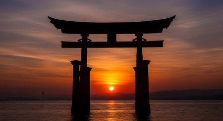 A traditional Japanese Torii gate stands silhouetted against a vibrant orange and yellow sunset, reflected on the calm water.の素材