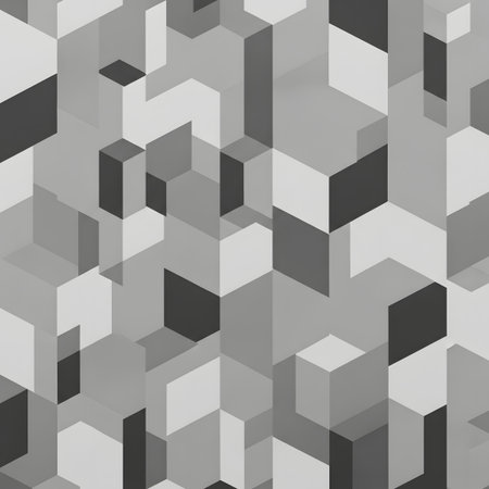 A seamless, abstract pattern featuring shades of gray geometric shapes, creating a sense of depth and optical illusion.の素材