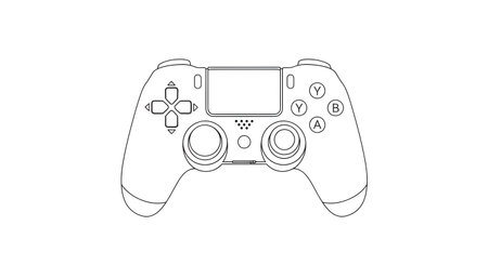 A clean, black and white schematic illustration of a gaming controller, showcasing its intricate buttons, joysticks, and design.の素材