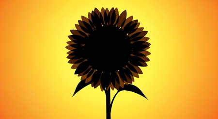 A striking silhouette of a large sunflower stands tall against a bright, warm orange gradient background, creating a dramatic contrast.の素材