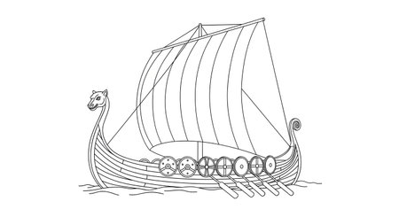 An intricate black and white line drawing depicts a classic Viking longship with a large sail, navigating choppy waters.の素材