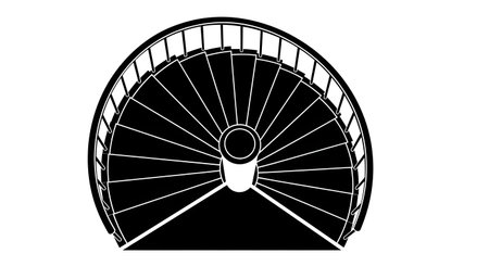 A dramatic black and white aerial view of a grand, curving spiral staircase with ornate railings.の素材