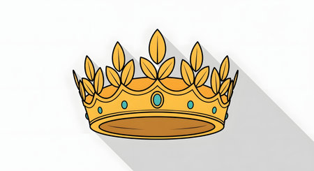 A stylized golden crown with decorative leaves and blue jewels casts a long shadow on a white background.の素材