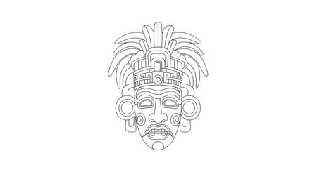 A striking black and white line drawing of a stylized tribal mask, featuring elaborate headdress and expressive facial details.の素材