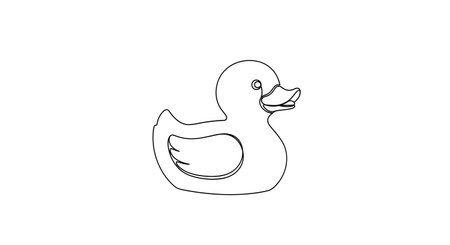A minimalist black and white line drawing of a classic rubber duck toy, facing right with its beak open.の素材