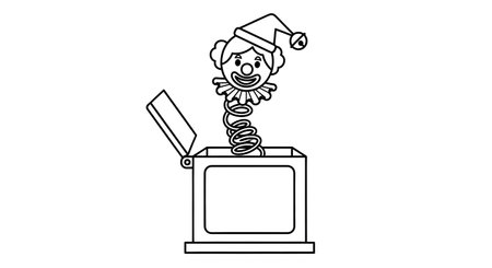 A simple black and white outline drawing of a cheerful Christmas elf popping out of a toy box on a spring.の素材