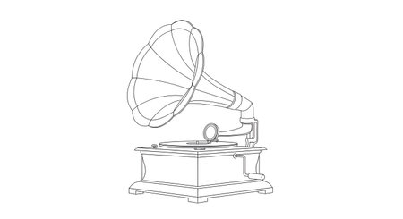 A detailed line drawing of a vintage gramophone, also known as a phonograph, on a plain white background. The illustration highlights its horn and base.の素材