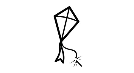 A minimalist, black and white line drawing of a classic diamond kite with a flowing tail, rendered in a sketchy, hand-drawn style.の素材