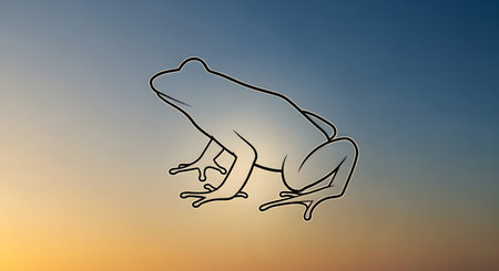 A minimalist line drawing of a frog is silhouetted against a soft, gradient sky of blue and orange hues.の素材