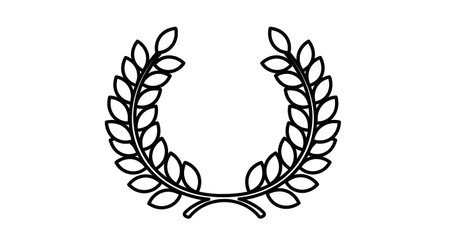 A black and white line drawing of a classic laurel wreath, symbolizing victory, achievement, and honor.の素材