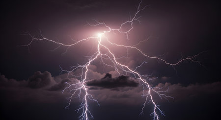 A brilliant lightning strike cracks across a dark, cloudy sky, illuminating the storm's intense energy and dramatic power.の素材