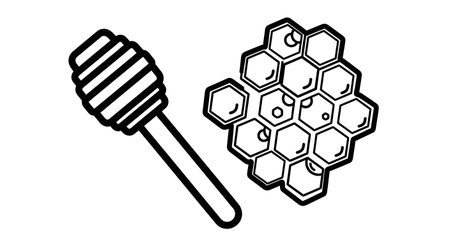 A simple line drawing shows a honey dipper next to a section of honeycomb, evoking natural sweetness and beekeeping.の素材