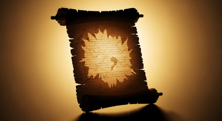 A vintage, illuminated scroll with torn, burnt edges, revealing faint, ancient text against a warm, glowing background.の素材