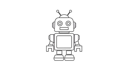 A minimalist line drawing of a classic robot with a rectangular body, simple arms, and antennae. Perfect for children's illustrations or design elements.の素材