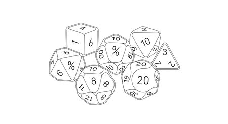 A black and white line drawing of a collection of polyhedral dice commonly used in tabletop role-playing games.の素材