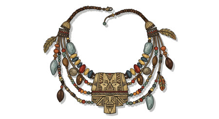 A multi-strand necklace featuring a central ornate pendant and numerous colorful, leaf-shaped charms cascading down.の素材