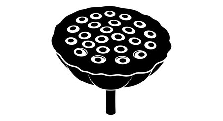 A stylized, high-contrast black and white illustration of a lotus seed pod with many circular openings, mounted on a thin stick.の素材