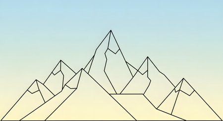 A minimalist, hand-drawn illustration of a mountain range with sharp peaks against a soft blue and yellow gradient sky.の素材