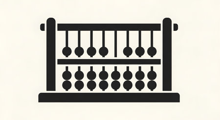 A simple black silhouette of a traditional abacus with two rows of beads suspended from rods, set against a light background.の素材