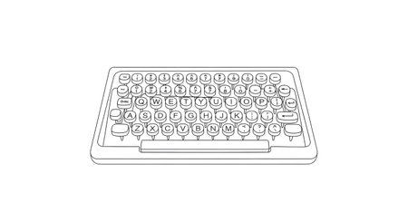 A detailed line drawing of a retro mechanical keyboard with a prominent spacebar and many keys, presented in black and white.の素材