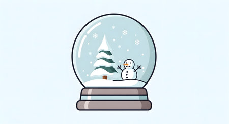 A charming illustration of a snow globe featuring a cheerful snowman and a snow-covered evergreen tree, set against a backdrop of falling snowflakes.の素材