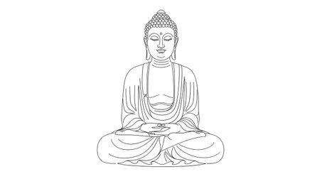 A detailed black and white line drawing depicts a serene Buddha figure in a meditative seated posture, showcasing intricate details of robes and facial features.の素材