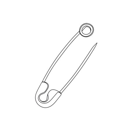 A minimalist sketch of a standard safety pin, depicted with clean lines on a white background. The drawing highlights its curved shape and pointed end.の素材