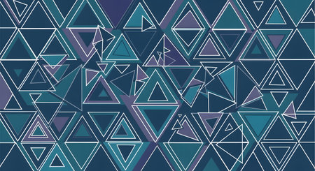 A repeating pattern of interconnected triangles in shades of blue and purple, with glowing white and cyan outlines and subtle dotted details.の素材