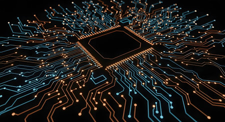 A vibrant, abstract depiction of a central processing unit with intricate, illuminated circuit pathways radiating outwards on a dark background.の素材