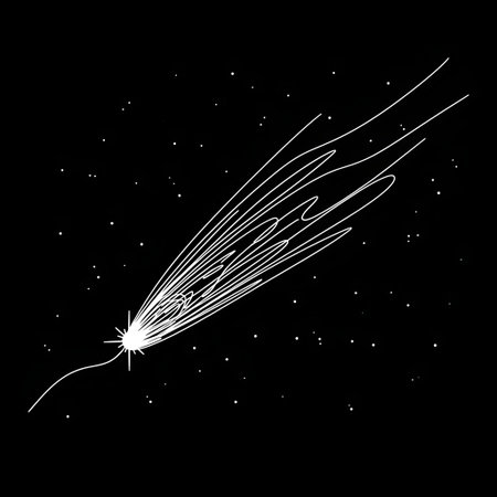 A hand-drawn, vintage illustration depicts a bright comet with a long, wispy tail against a dark, star-filled background.の素材