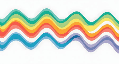 A dynamic abstract background featuring multiple wavy lines in a spectrum of rainbow colors, creating a vibrant and energetic visual.の素材
