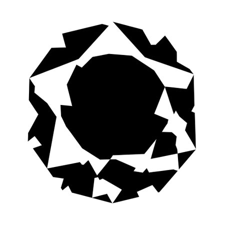 A stark, abstract circular pattern with sharp geometric shapes in black and white, creating a dynamic and modern visual.の素材