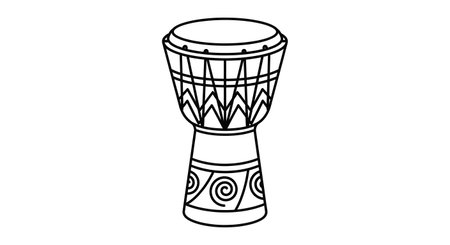 A black and white line drawing of a djembe drum, featuring decorative patterns on its body and base.の素材