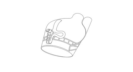 A black and white sketch of a motorcycle saddlebag, showcasing its intricate strap and buckle details against a plain background.の素材